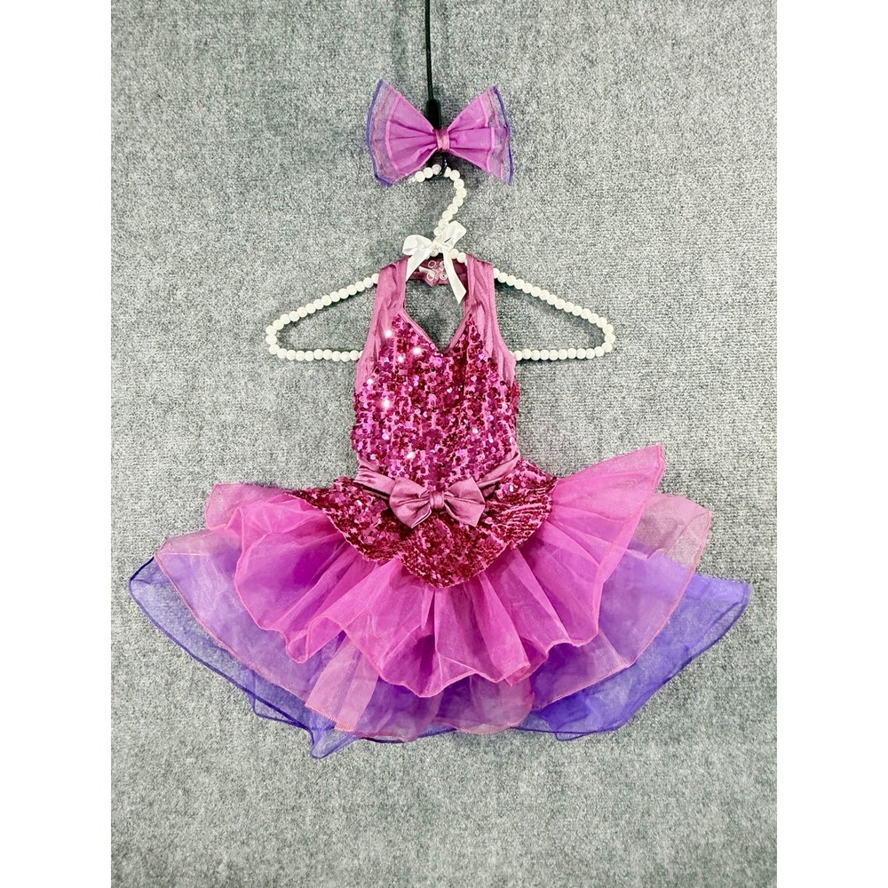 Weissman Girls Pink Purple Sequin Tutu Dance Leotard XS Hair Clip RN64830
